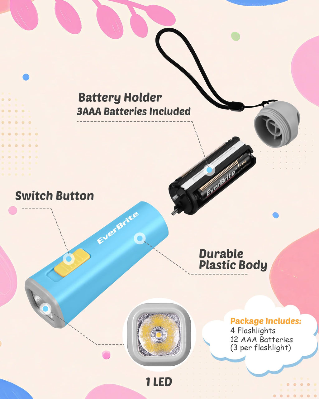 EverBrite 4-Pack Multi-Color Kids Flashlight, Mini LED Flashlight, Plastic Torch Use for Emergencies, Camping, Outdoor with Lanyard, 3AAA Battery Included