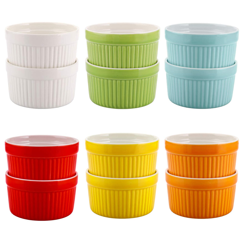 Foraineam 12 Pack 6 oz Ramekins Bakeware 6 Colors Porcelain Souffle Dishes Dessert Custard Baking Cups for Souffle, Creme Brulee and Ice Cream