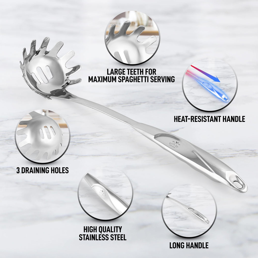 Zulay Kitchen Pasta Server - Durable Food Grade Stainless Steel Pasta Spoon Server with Ergonomic Handle & Heat Resistant Design - Kitchen Spaghetti Server Fork for Noodles, Pasta, & More (12 inch)