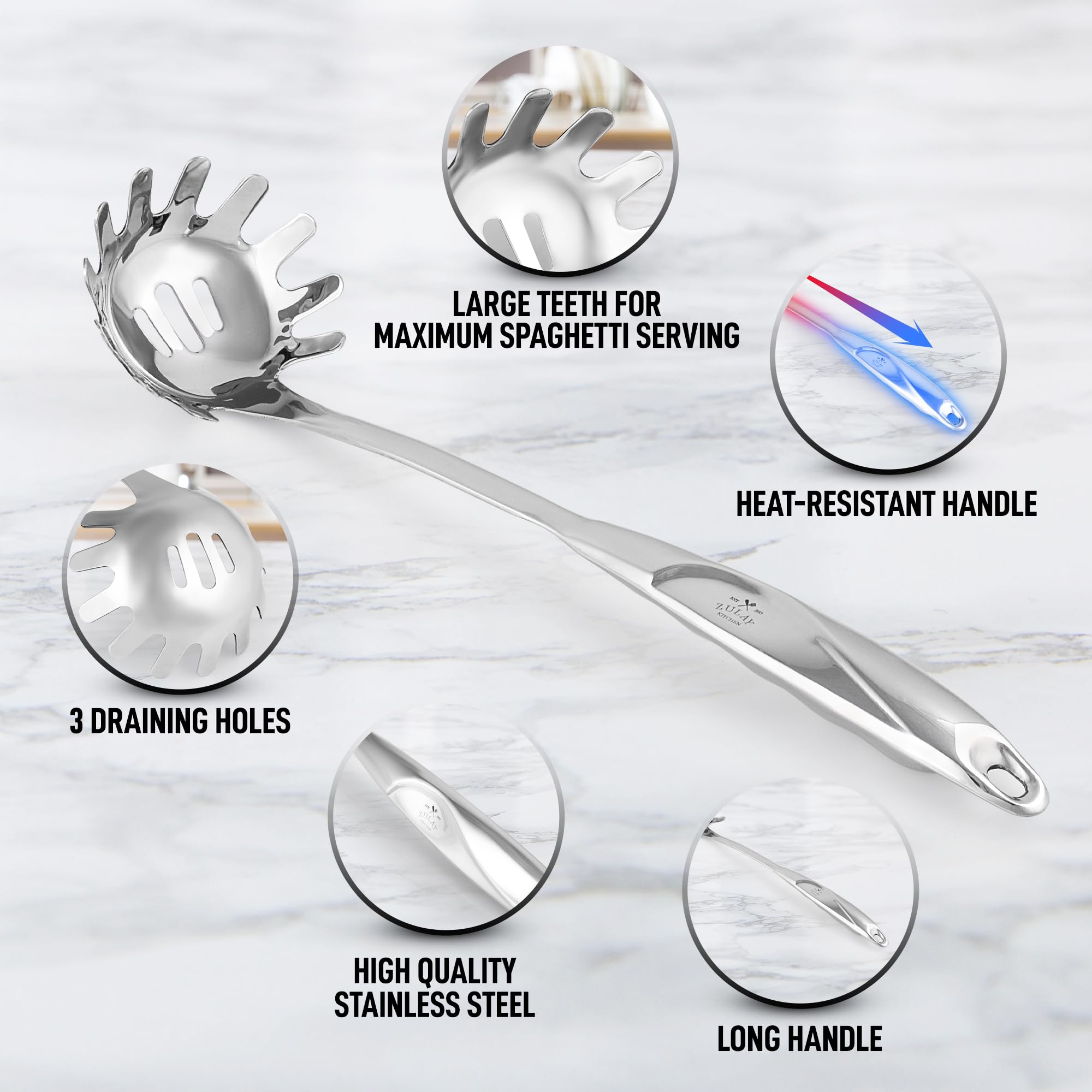 Zulay Kitchen Pasta Server - Durable Food Grade Stainless Steel Pasta Spoon Server with Ergonomic Handle & Heat Resistant Design - Kitchen Spaghetti Server Fork for Noodles, Pasta, & More (12 inch)