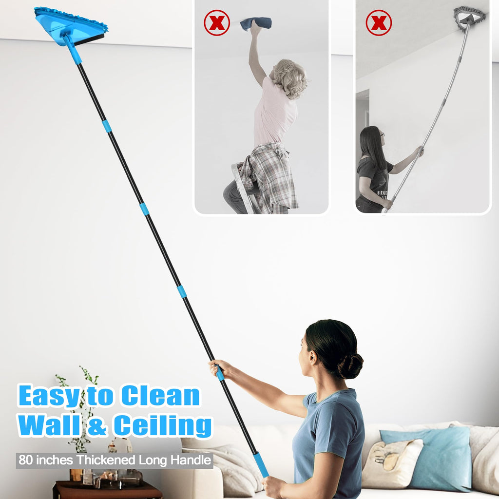 NEWE Wall Mop Cleaner with 80 inches Long Handle, 180° Folding Ceiling Cleaning Tool with Squeegee for Washing Painted Walls, Triangle Baseboard Scrubber 4 Chenille Duster and 2 Microfiber Pads