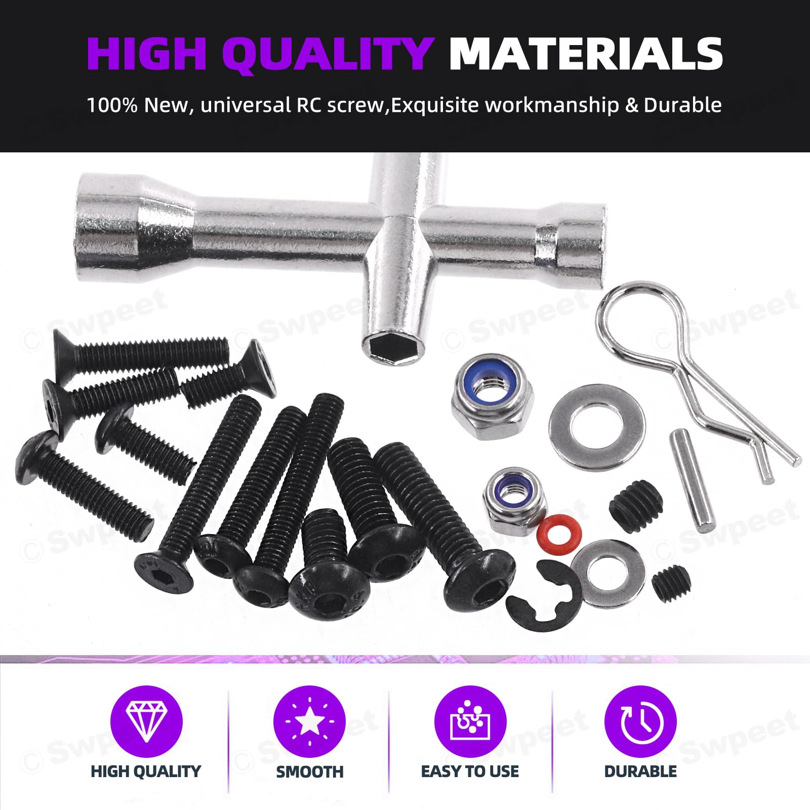 Swpeet 502Pcs Universal RC Screw Kit Screws Set, Hardware Fasteners Compatible with 1/8 1/10 1/12 1/16 Scale RC Cars Black