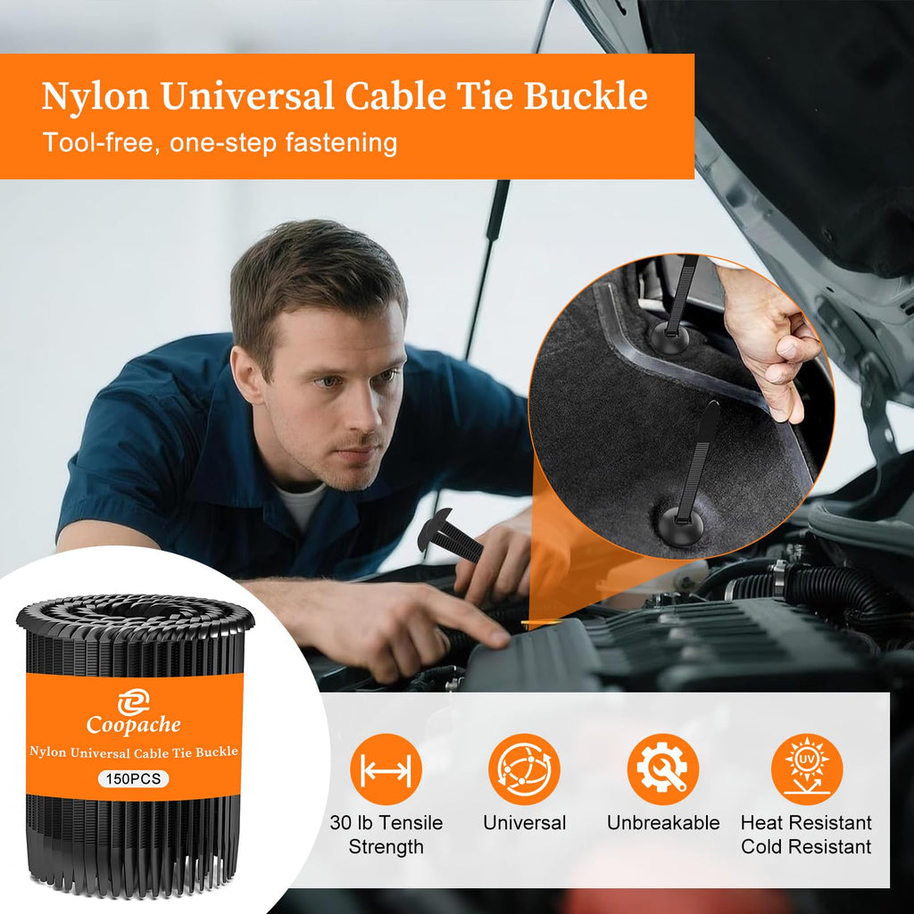 Coopache 150Pcs Nylon Universal Cable Tie Buckle for Car, Automotive Zipper Clip Heavy Duty Self-Locking Push Pin with Button, Cars T Zip Ties Clips Holder for Fender, Bumper, Trunk Line Repair Kit