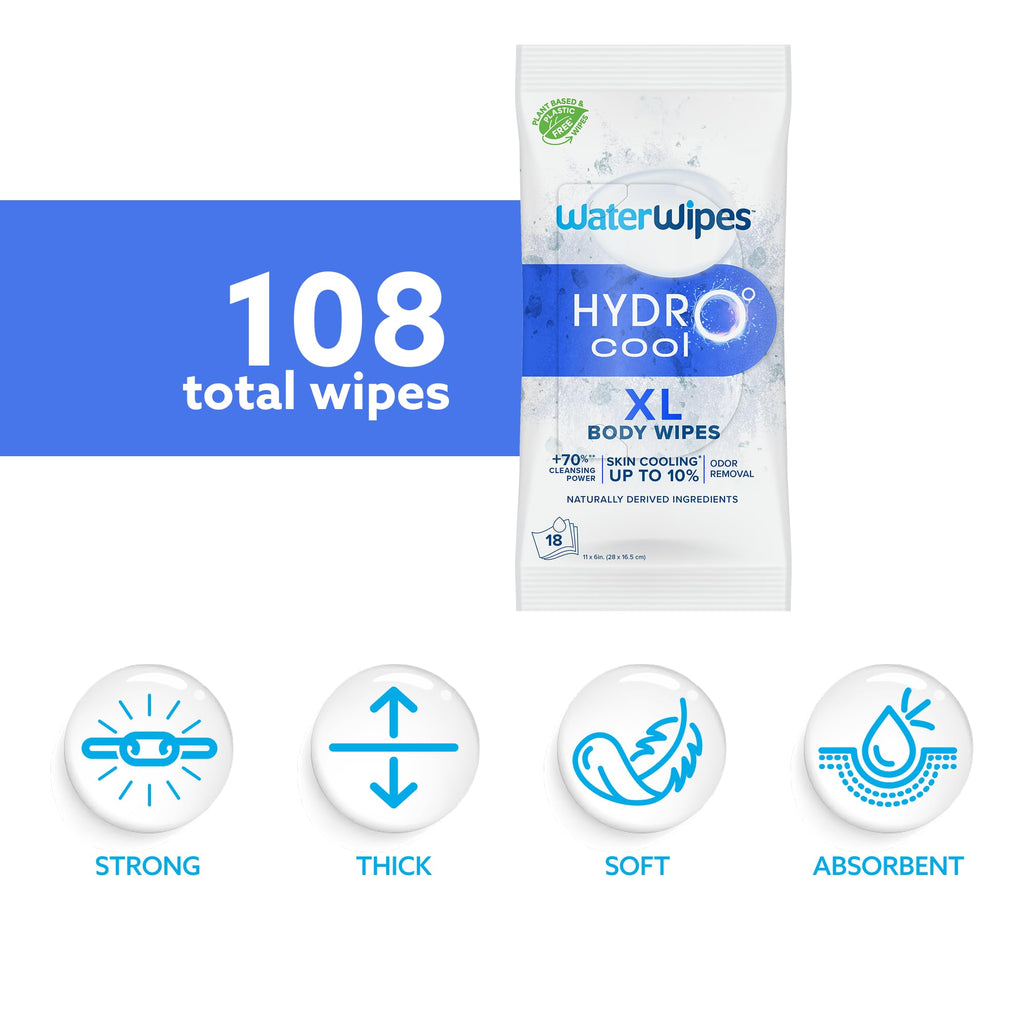 WaterWipes HydroCool Cooling Wipes, XL Body Cleaning Wipe, Stay Fresh & Cool On-the-Go Instant Skin Cooling, Odor & Sweat Removal, Ideal for Gym, Travel & Outdoor Use, 108 Count (6 Pack)