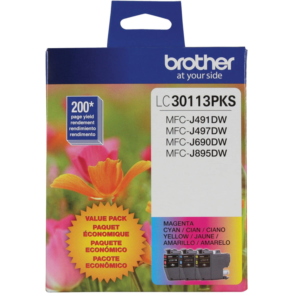 Brother Genuine LC30113PKS Standard Yield Colour Ink Cartridge Value Pack (3), original ink replacement cartridges, cyan/magenta/yellow, ink for Brother inkjet printers MFCJ491DW, MFCJ497DW, MFCJ690DW