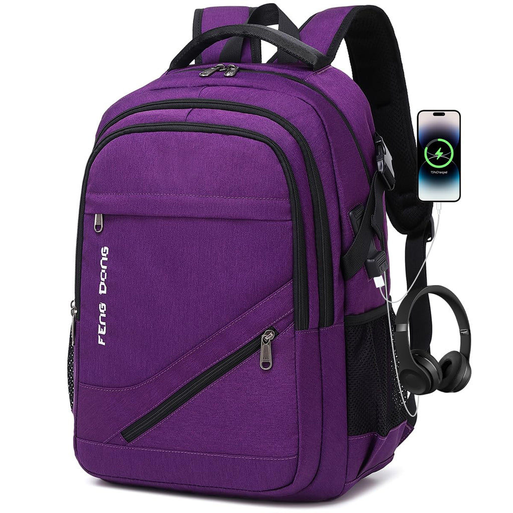 FENGDONG Durable Travel Large Laptop Backpack 17.3 inch,College Backpack for Women & Men Business Backpack with USB Charging Port and Headset Port Purple