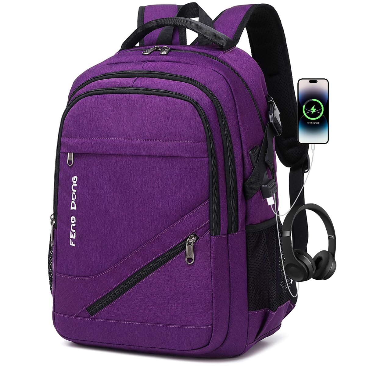 FENGDONG Durable Travel Large Laptop Backpack 17.3 inch,College Backpack for Women & Men Business Backpack with USB Charging Port and Headset Port Purple
