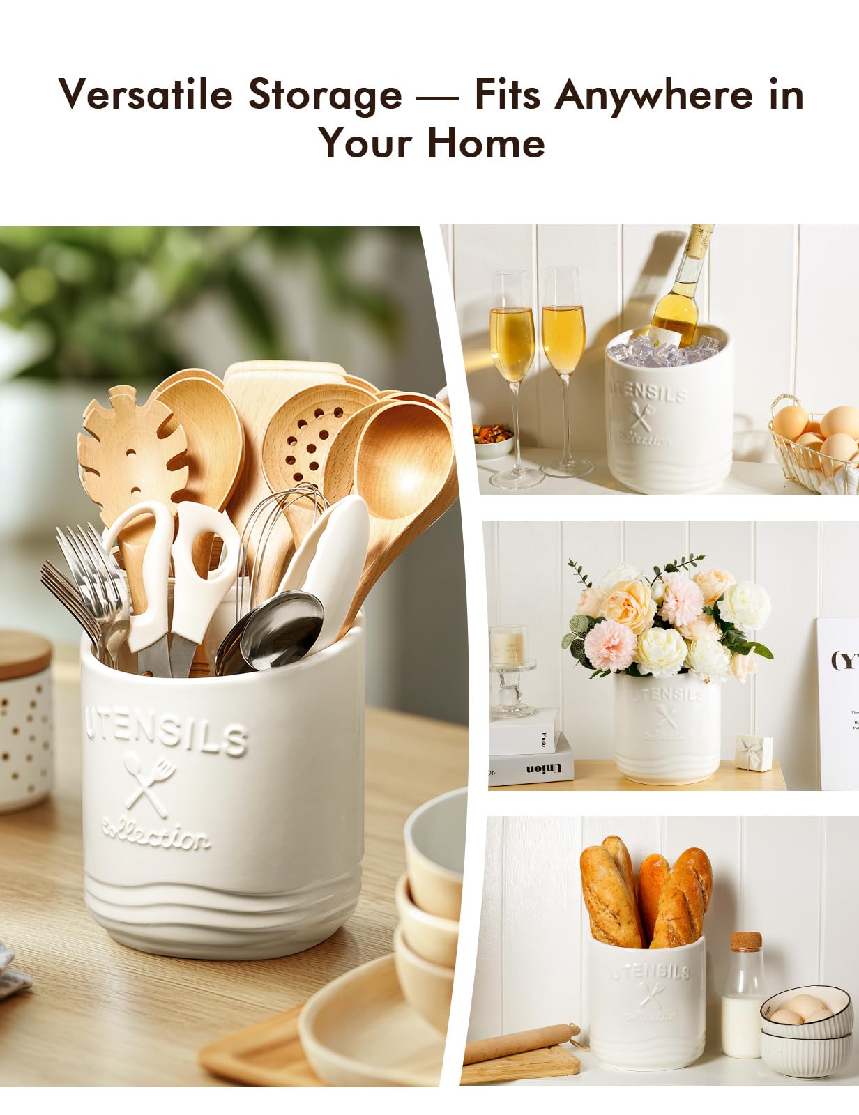 Utensil Holder for Counter,7.5" Large Kitchen Cooking Ceramic Utensil Holder for Farmhouse Décor,15° bevel design,Non-Slip Cork Base,White