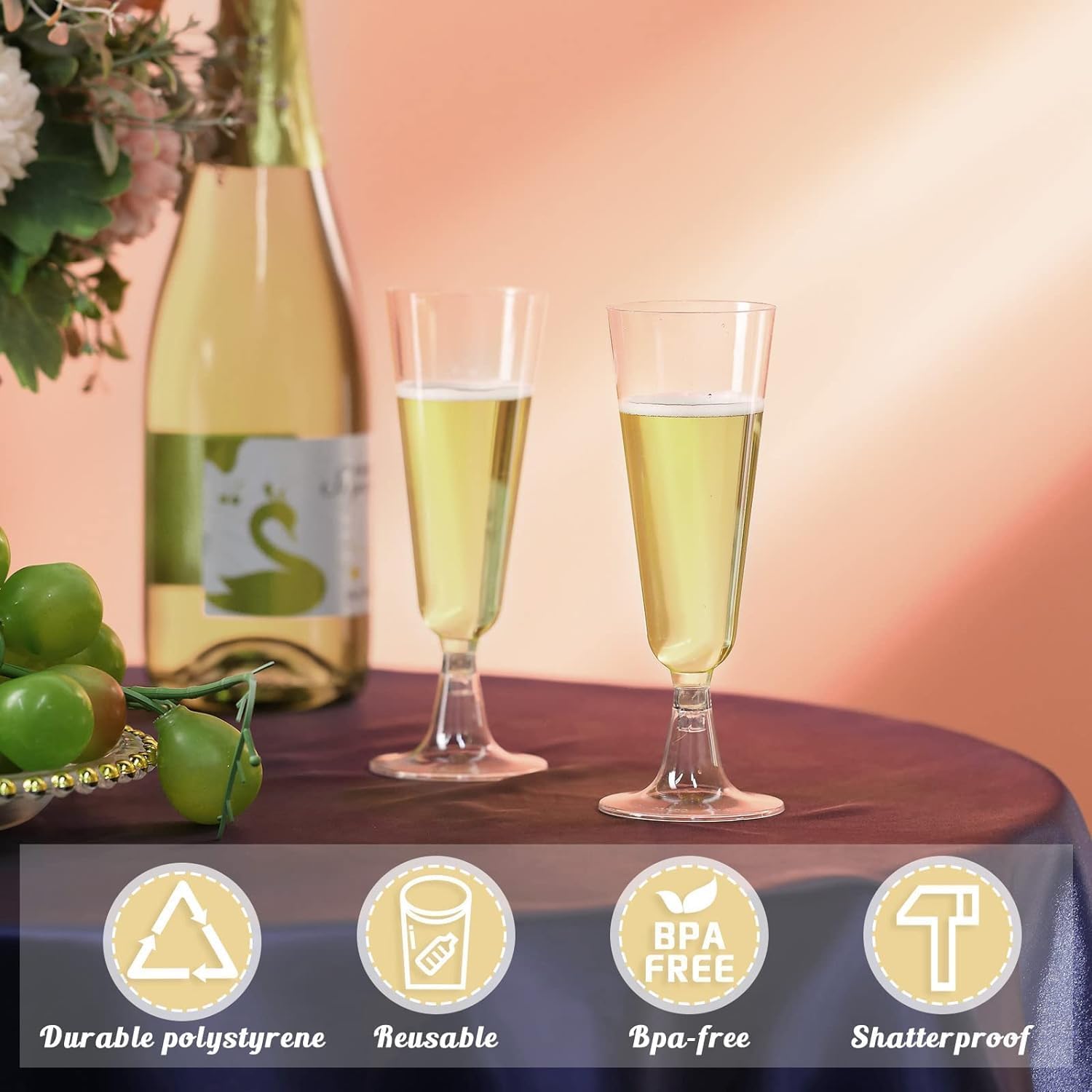 Fenhupe 50 PCS 5 oz Plastic Champagne Flutes Disposable, Clear Champagne Glasses, Easy Assemble Plastic Wine Glasses, Light Plastic Cocktail Glasses for Celebration Wedding Party