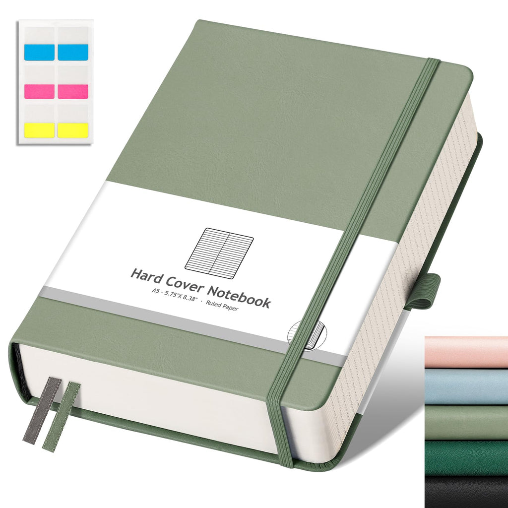 AHGXG Lined Journal Notebook for Work, A5 College Ruled Notebook with 320 Numbered Pages 100 GSM Thick Paper, Hardcover Leather Journal for Women Men Students, 5.7" x 8.3", Sage Green