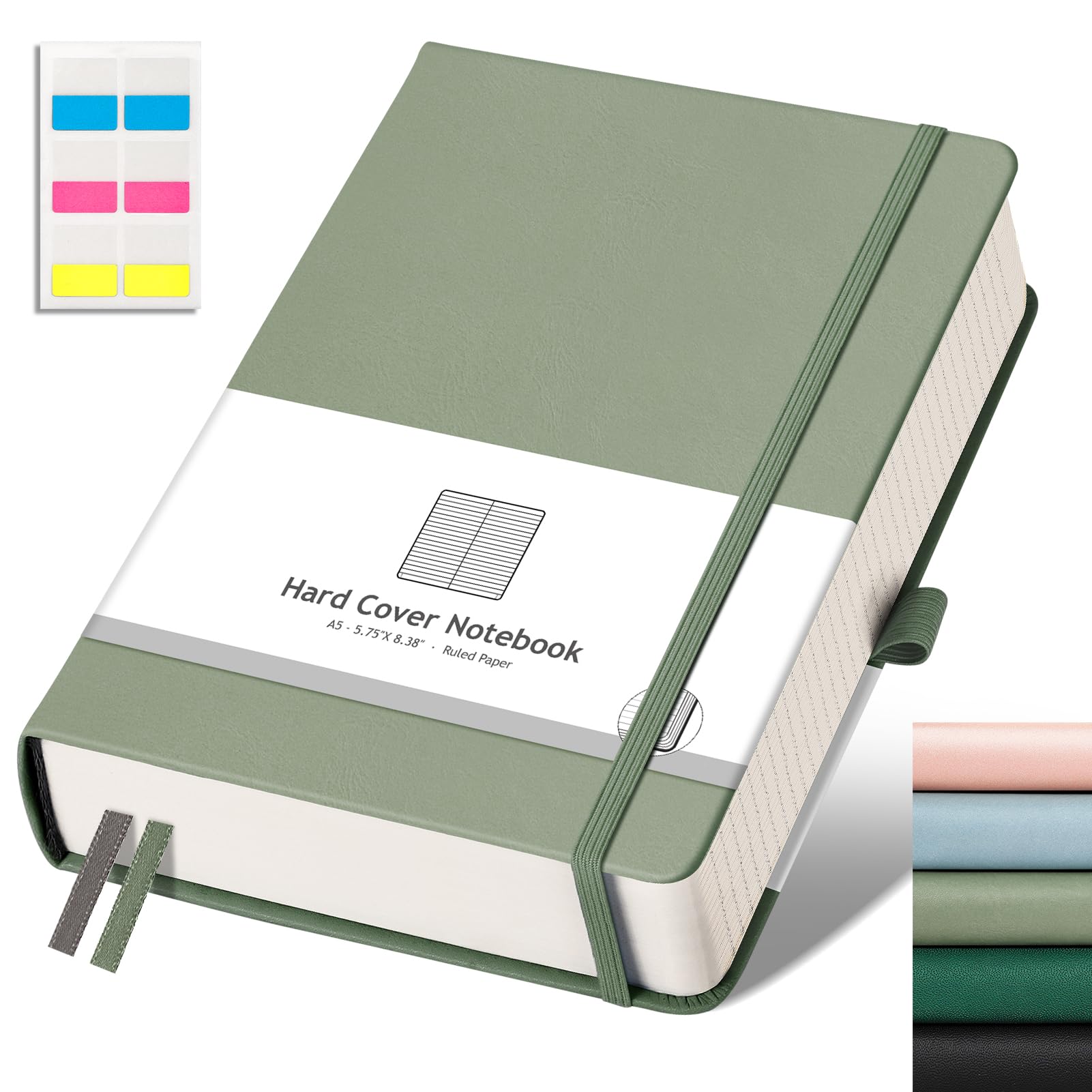 AHGXG Lined Journal Notebook for Work, A5 College Ruled Notebook with 320 Numbered Pages 100 GSM Thick Paper, Hardcover Leather Journal for Women Men Students, 5.7" x 8.3", Sage Green