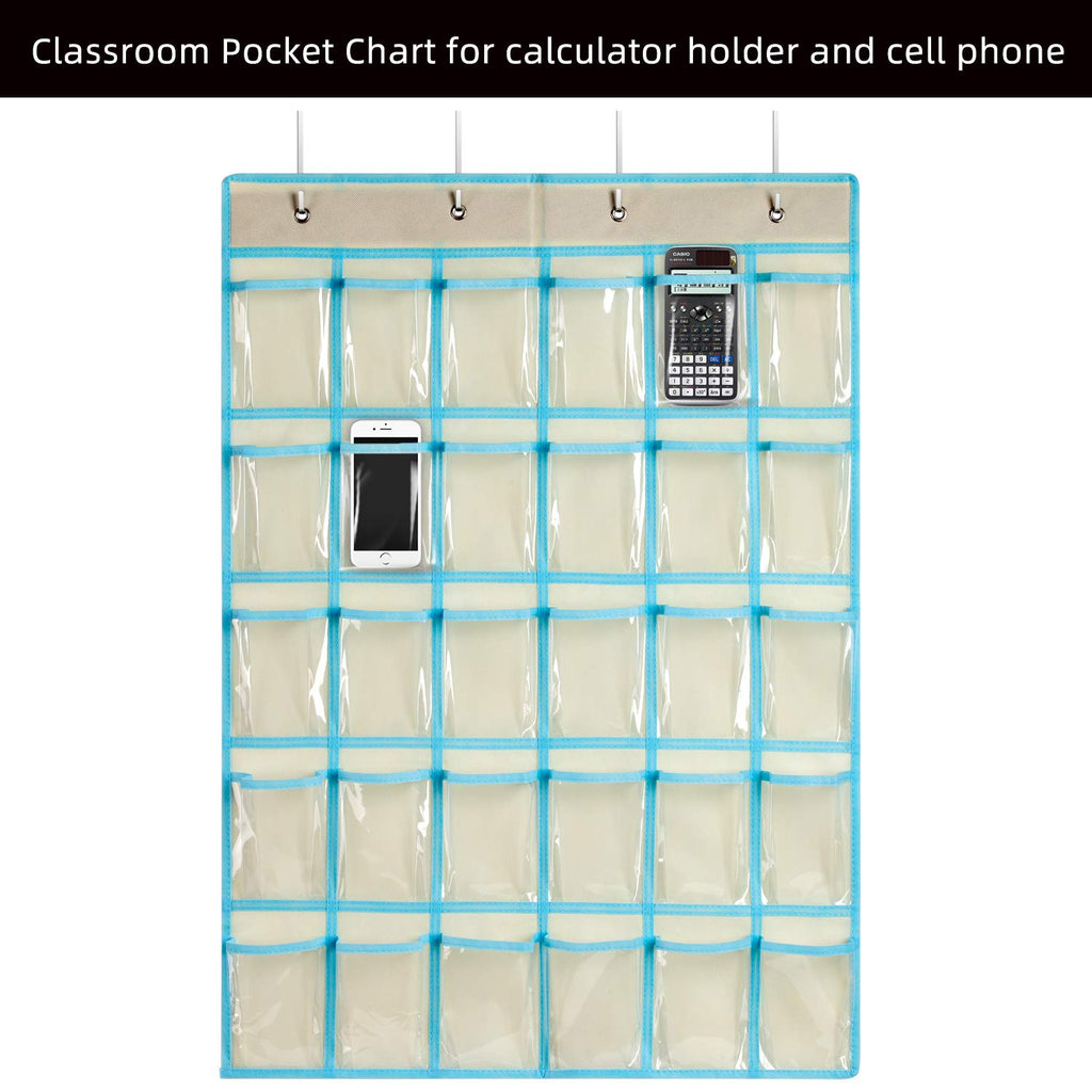 KEEPJOY Hanging Cell Phone Organizer, Classroom Pocket Chart for Calculator Holder with 30 Pockets,Size:33.5 x 24.5 Inch Clear Pocket Chart (Off White)