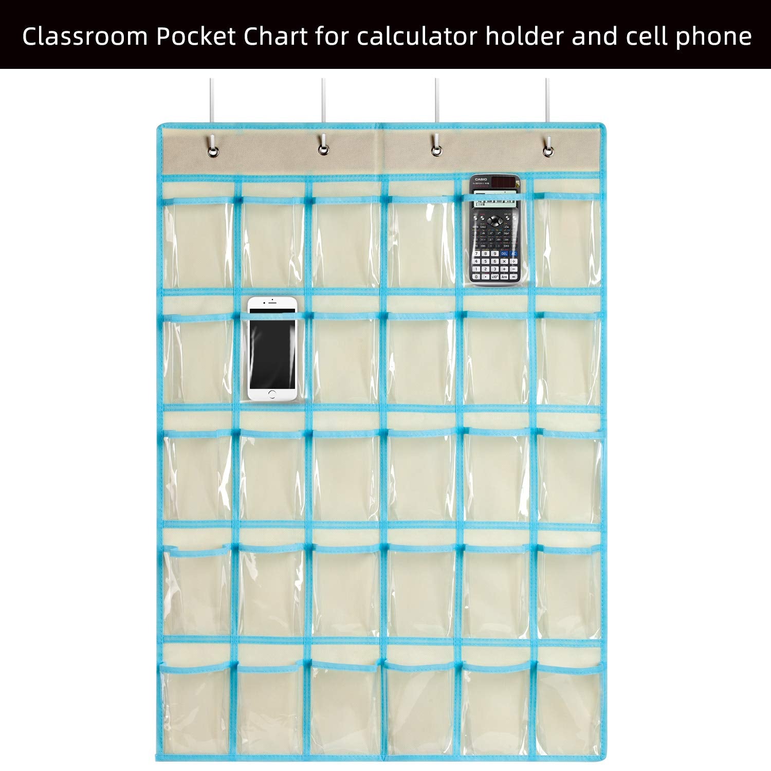 KEEPJOY Hanging Cell Phone Organizer, Classroom Pocket Chart for Calculator Holder with 30 Pockets,Size:33.5 x 24.5 Inch Clear Pocket Chart (Off White)
