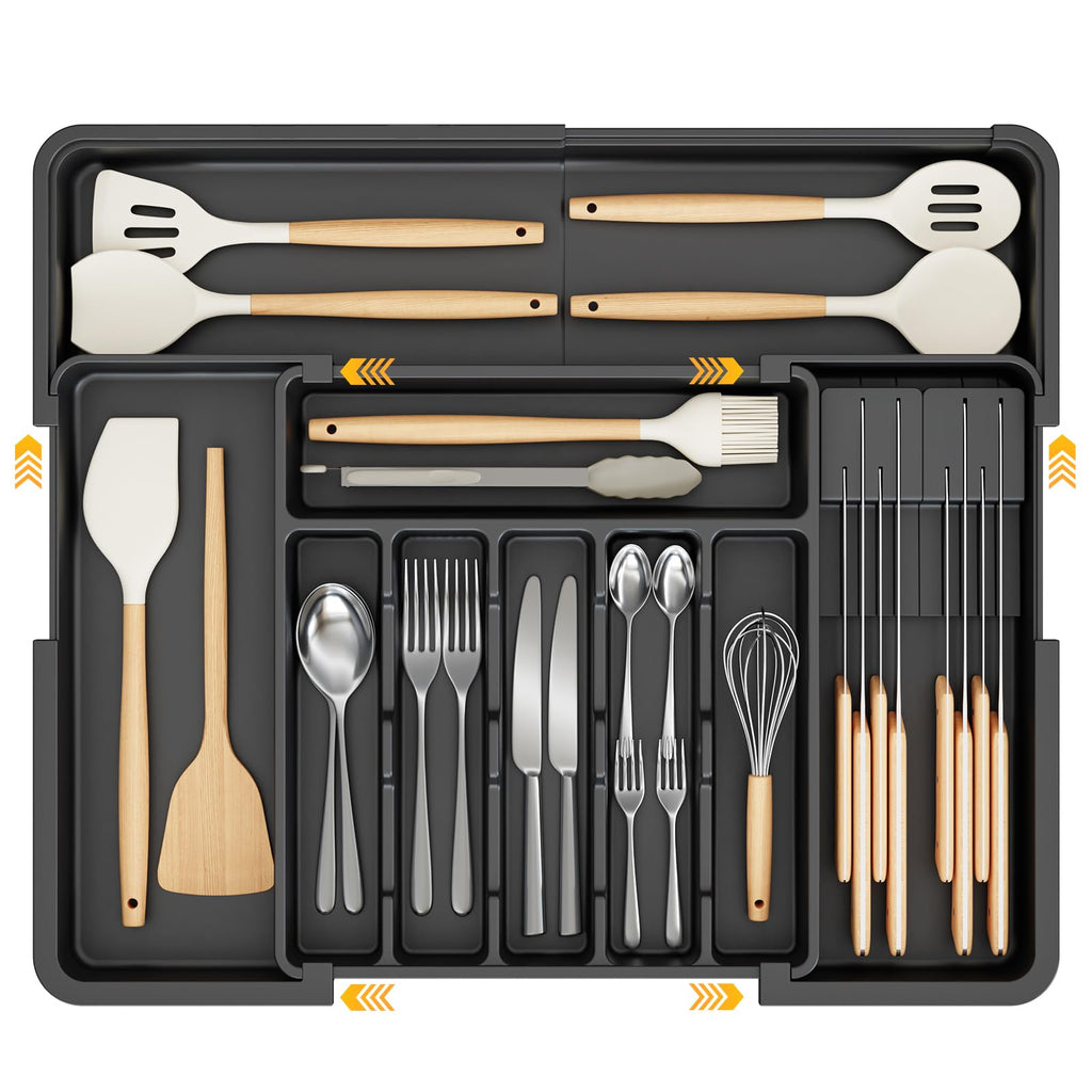 Ceecysaa Cutlery Organizer with 2 Removable Knife Blocks, Expandable Utensil Tray,Adjustable Cutlery Tray Drawer Organizer for Spoons, Knives, Kitchen Organizers and Storage,ABS,Black(6-9 Slots)
