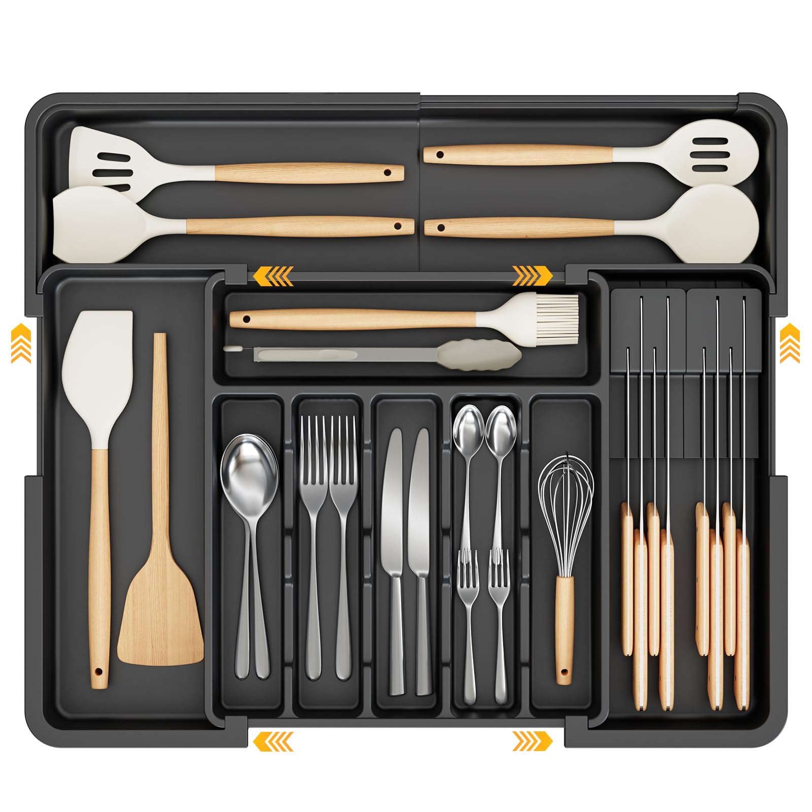 Ceecysaa Cutlery Organizer with 2 Removable Knife Blocks, Expandable Utensil Tray,Adjustable Cutlery Tray Drawer Organizer for Spoons, Knives, Kitchen Organizers and Storage,ABS,Black(6-9 Slots)
