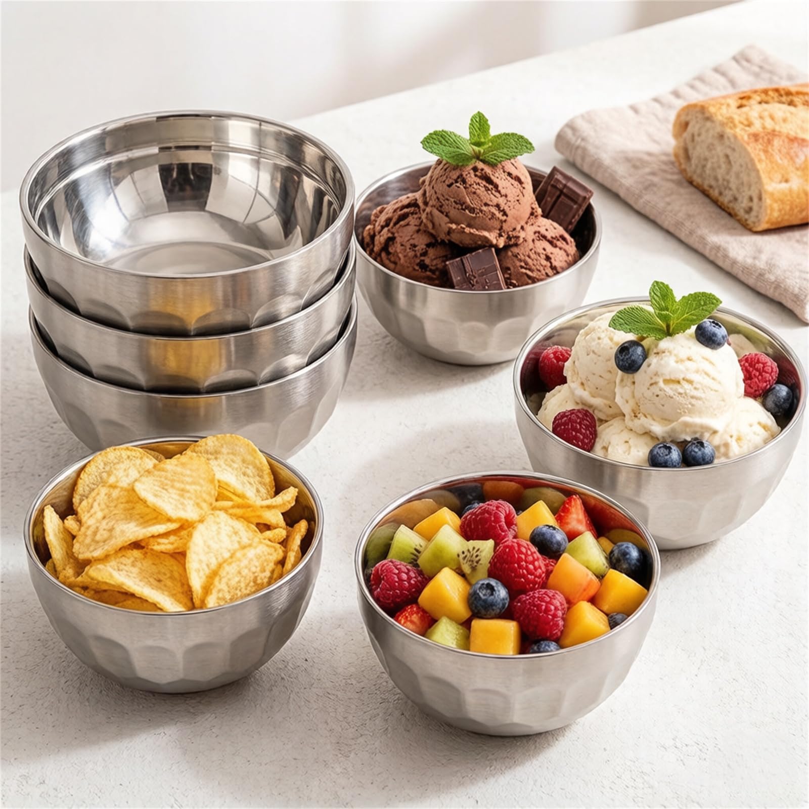 Okllen 6 Pack Stainless Steel Bowls, 15 Oz Double-Walled Metal Soup Bowls, 18/8 Stainless Steel Lightweight Salad Bowls Snacks Bowls Multipurpose Dinner Bowl for Rice, Noodle, Fruit, Cereal