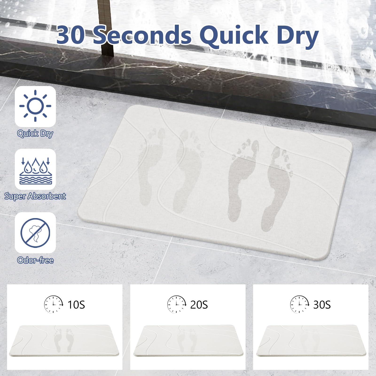 Ceecysaa Stone Bath Mat, Non-Slip Diatomaceous Earth Shower Mat, Quick Drying Bath Mat Stone, Super Absorbent Diatomite Bath Mats for Bathroom Kitchen, Easy to Clean, 60 x 39cm, White