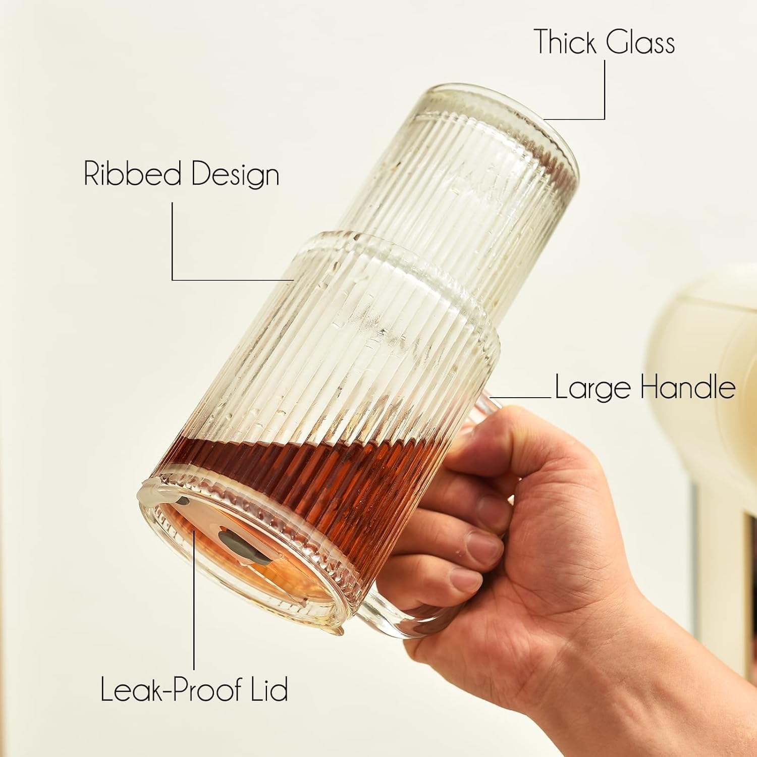 26oz Ribbed Glass Tumbler with Handle & Lid – 2-Pack Large Iced Coffee Cups with Straws, Modern Glass Mug for Cold & Hot Beverages, Aesthetic Travel Cup for Smoothies, Tea, and Juice