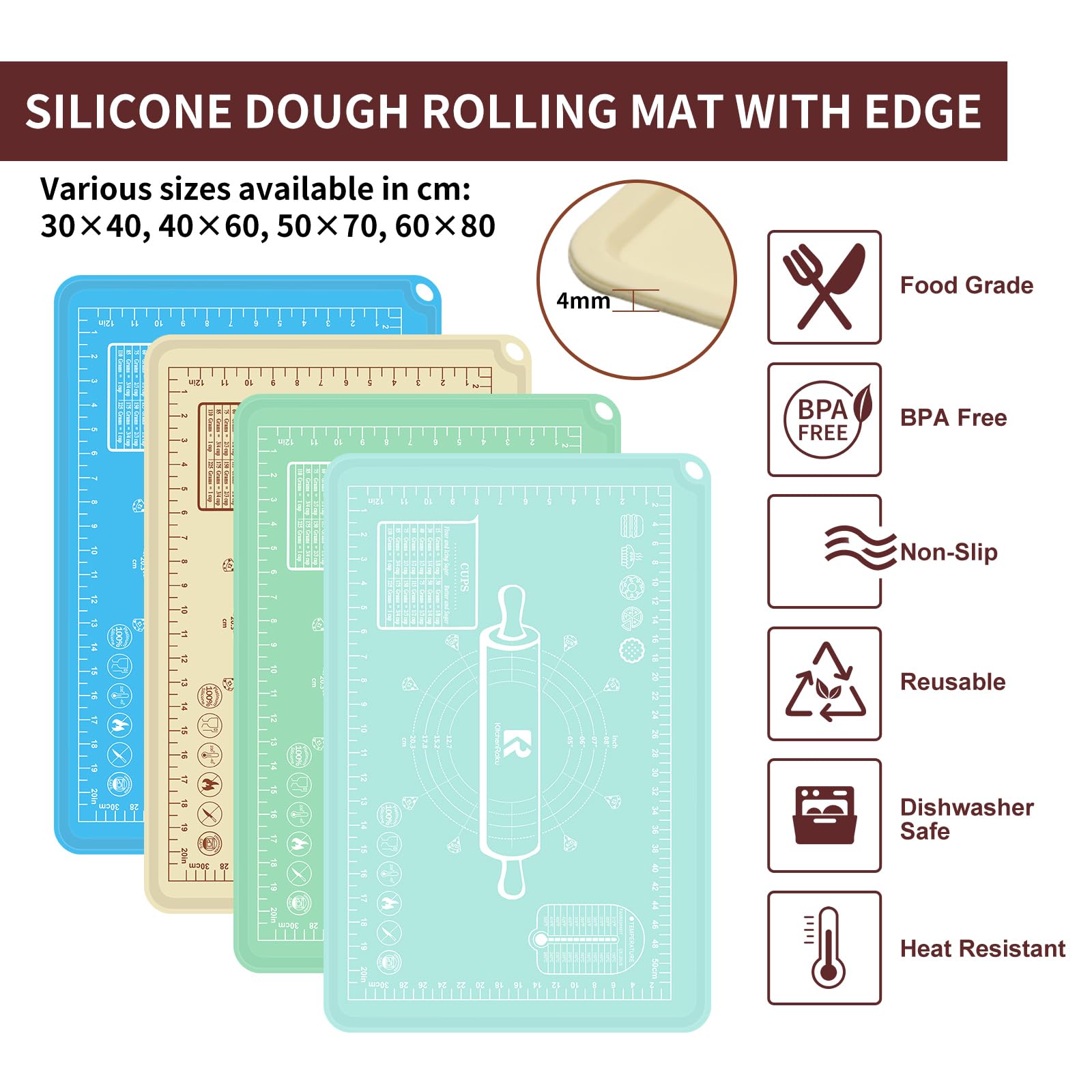 Silicone Baking Mat, Extra Thick Dough Rolling Pad with Measurements and Edge Heightening, Non-Stick Food Grade Silicone Pastry Mat for for Pastry, Bread, Cookies (Matcha Green Edge Up, 20x28 Inch)