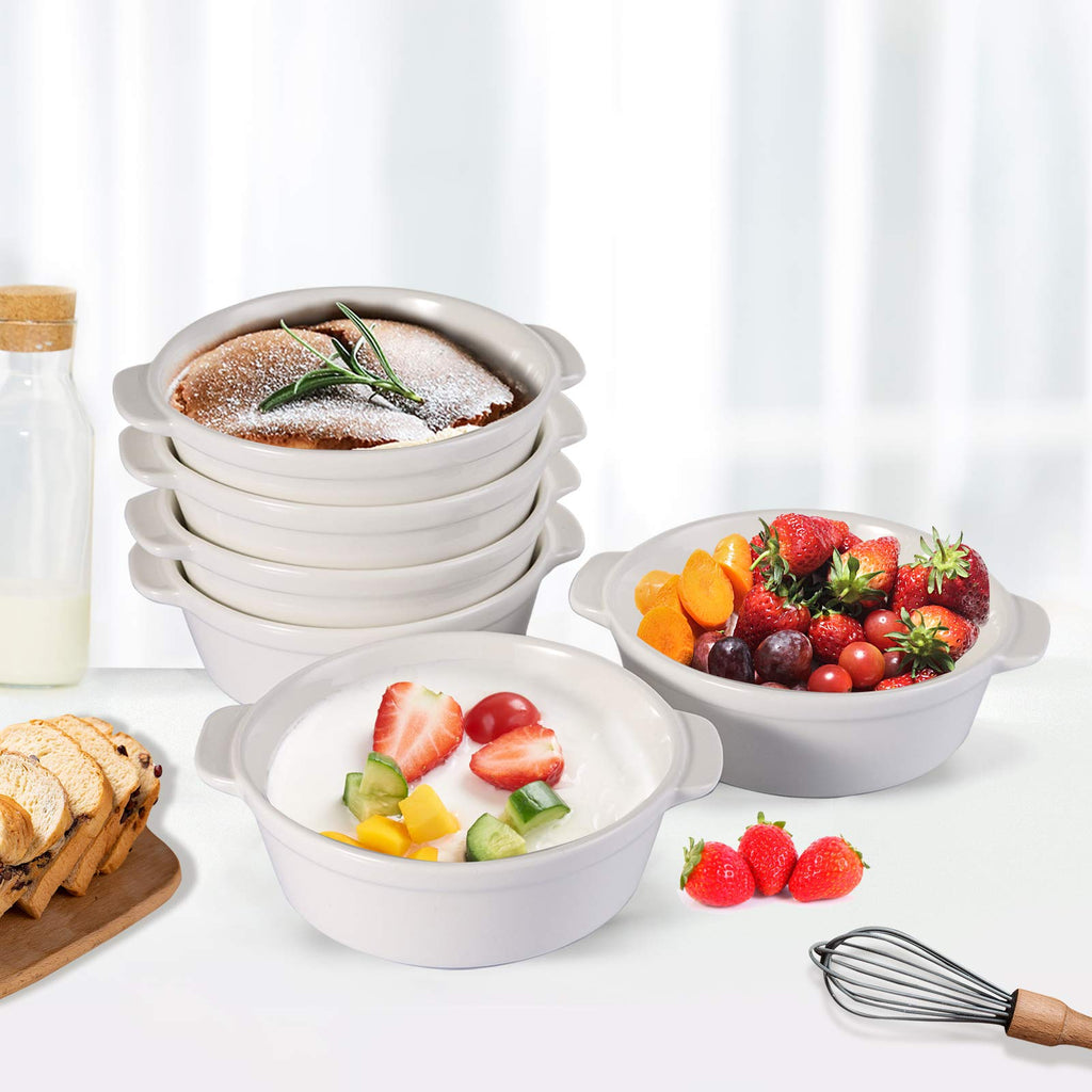 Foraineam 8 Pack 10 Ounce Porcelain Souffle Dishes with Double Handles Round Ramekins Bakeware Set for Pudding, Creme Brulee, Souffle