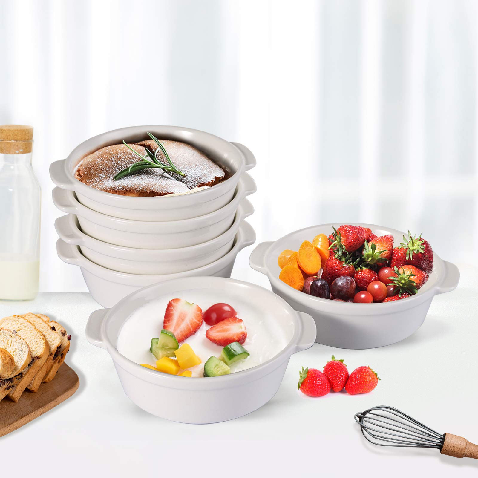 Foraineam 8 Pack 10 Ounce Porcelain Souffle Dishes with Double Handles Round Ramekins Bakeware Set for Pudding, Creme Brulee, Souffle