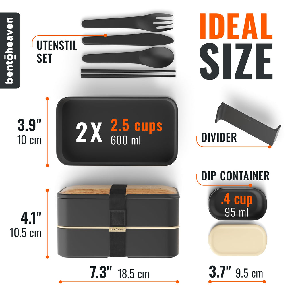 Bentoheaven Premium Bento Box Adult Lunch Box with 2 Compartments (40oz), Cutlery & Set of Chopsticks, Large Dip Container, Cute Black Japanese Bento Box, Rectangle, Microwavable (Symph-Onyx)