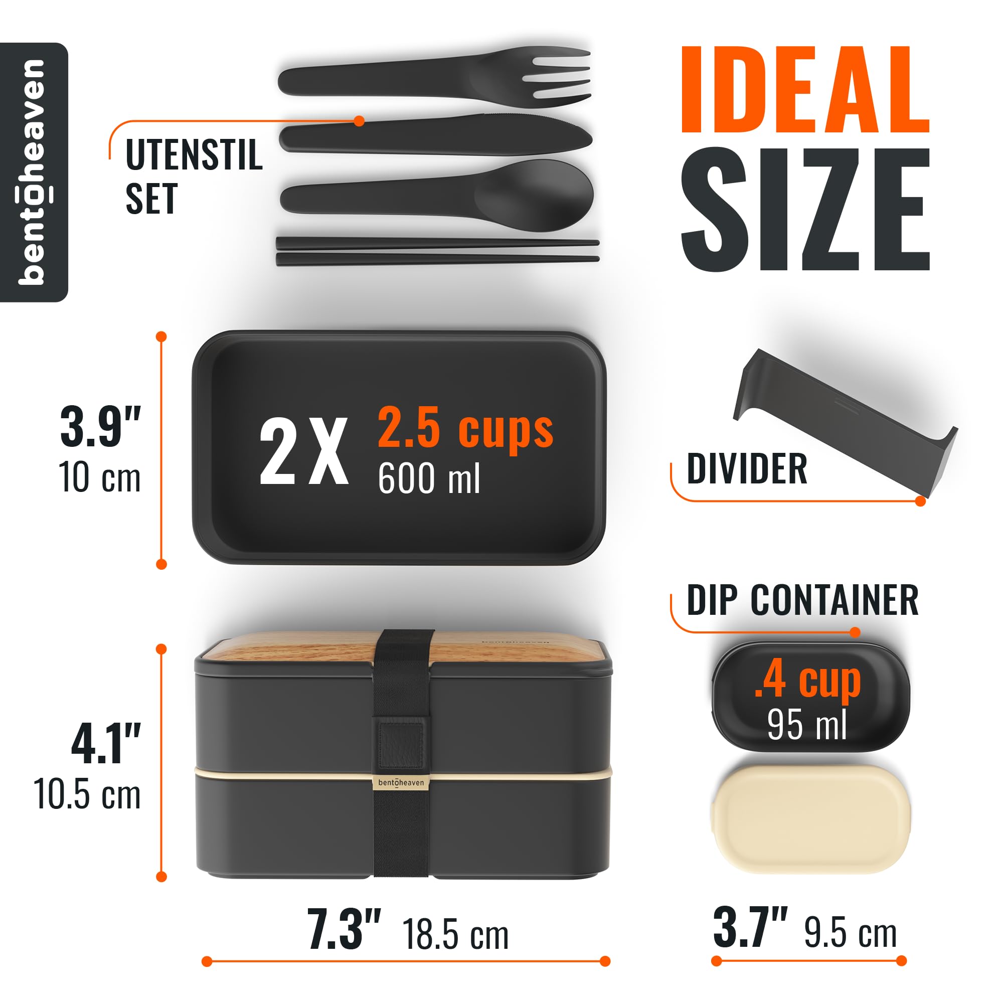 Bentoheaven Premium Bento Box Adult Lunch Box with 2 Compartments (40oz), Cutlery & Set of Chopsticks, Large Dip Container, Cute Black Japanese Bento Box, Rectangle, Microwavable (Symph-Onyx)
