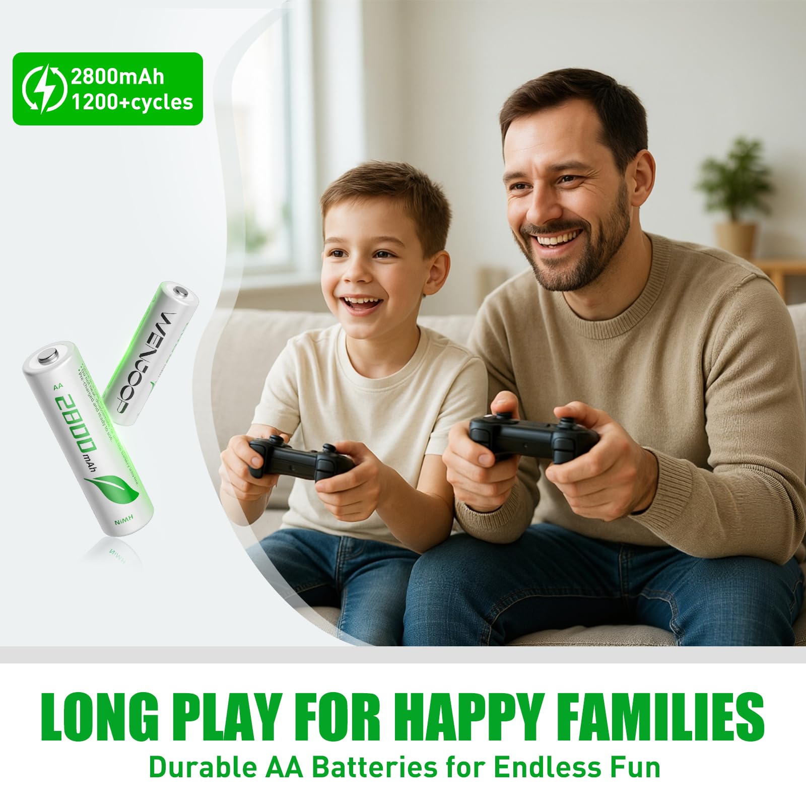 WENJOOP AA Rechargeable Batteries 12-Pack, 2800mAh NiMH High-Capacity, Low Self-Discharge, Long-Lasting AA Batteries for Flashlights, Remote Controls, Toys, Clocks