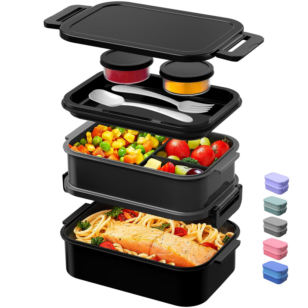 JSCARES Lunch Box Adults Bento Box - All-in-One Stackable 74 OZ Lunch Containers for Adult Large Bento Containers with Fork Spoon Sauce Boxes, Leakproof Lunchbox for Work School Dining Out (Black)
