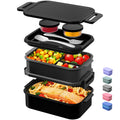 JSCARES Lunch Box Adults Bento Box - All-in-One Stackable 74 OZ Lunch Containers for Adult Large Bento Containers with Fork Spoon Sauce Boxes, Leakproof Lunchbox for Work School Dining Out (Black)