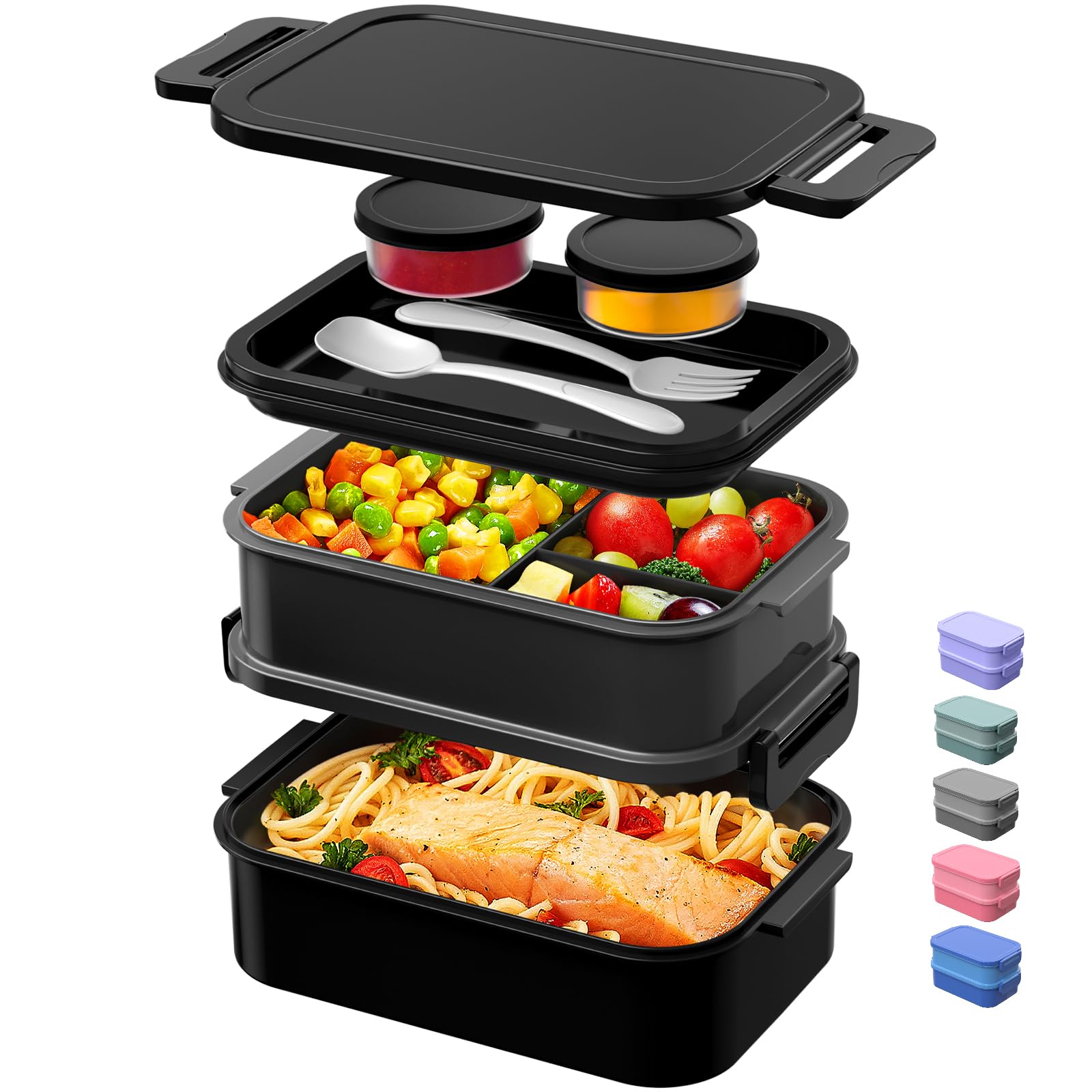 JSCARES Lunch Box Adults Bento Box - All-in-One Stackable 74 OZ Lunch Containers for Adult Large Bento Containers with Fork Spoon Sauce Boxes, Leakproof Lunchbox for Work School Dining Out (Black)