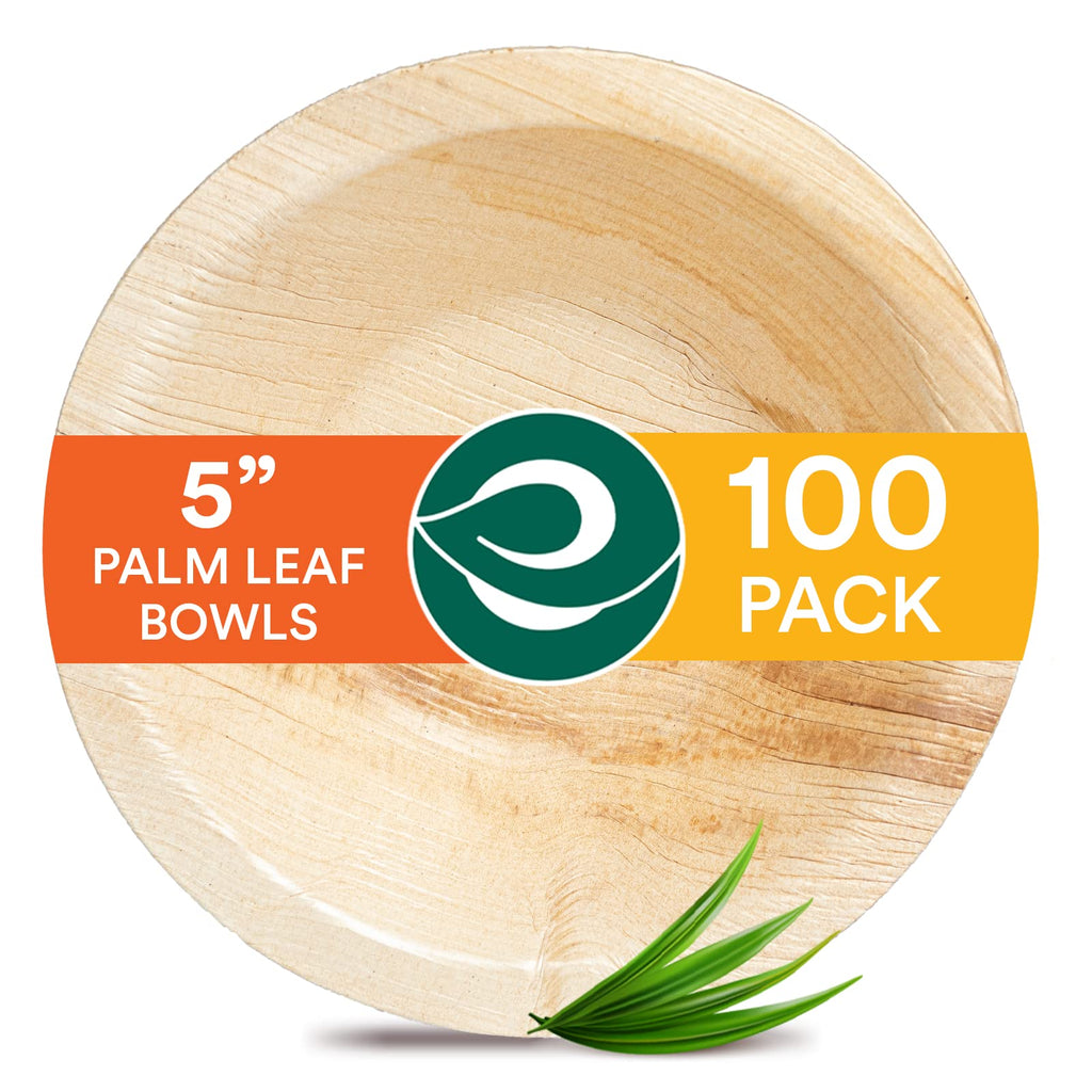 ECO SOUL 100% Compostable Small 5 Inch 8 Oz Palm Leaf Bowls [100-Pack] Disposable Dessert Bowls Bamboo Style I Heavy Duty Eco-Friendly Sturdy Bowl I Biodegradable Eco Bowls