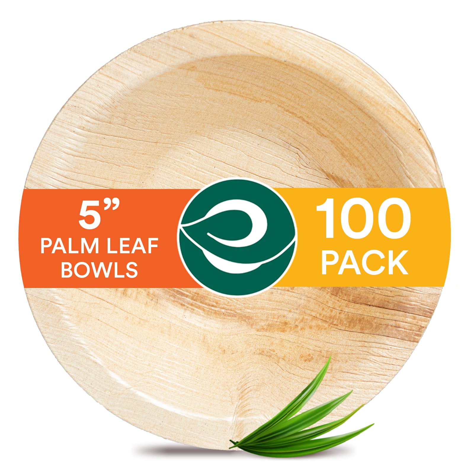 ECO SOUL 100% Compostable Small 5 Inch 8 Oz Palm Leaf Bowls [100-Pack] Disposable Dessert Bowls Bamboo Style I Heavy Duty Eco-Friendly Sturdy Bowl I Biodegradable Eco Bowls