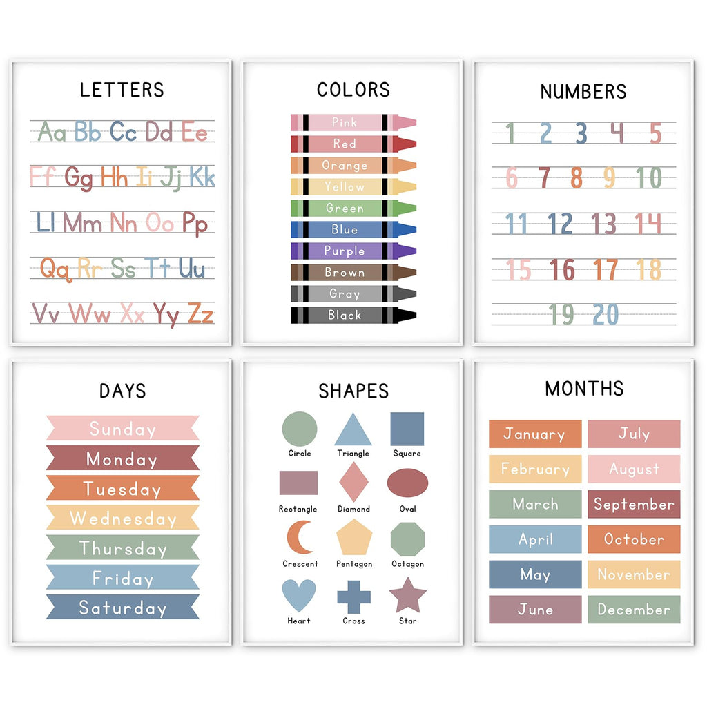 Educational Posters – Learning Posters for Toddlers, Preschool & Kindergarten – Set of 6 Boho Pastel Prints (Alphabet, Numbers, Colours, Days, Months, Shapes) – Nursery, Classroom & Homeschool Decor