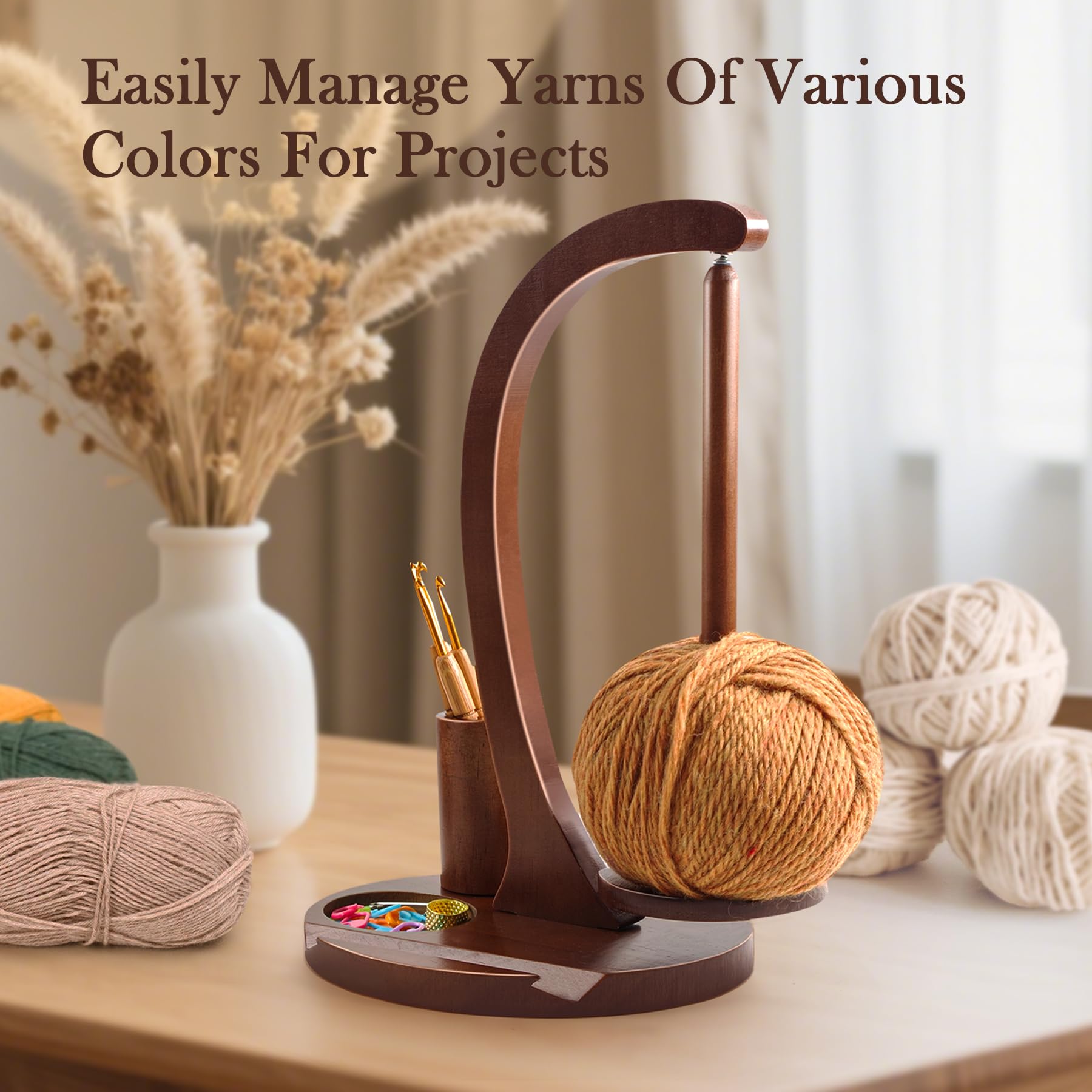 Crochet Yarn Holder, Yarn Spinner for Crocheting with Phone Stand & Crochet Accessories Storage, Crochet Gift for Knitting Lovers (Brown)