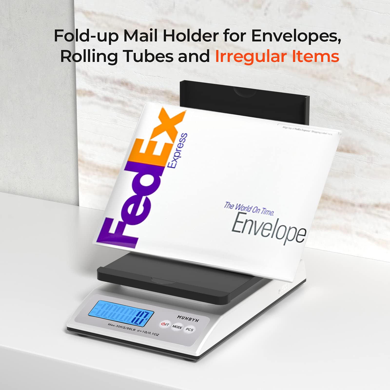 MUNBYN Digital Shipping Postal Scale, 30kg/66lbs, 1g Accuracy, Mail Scale for Packages, with Soft Tape Measure and Foldable Parcel Stand, Hold and Tear Function for Parcel Shipping Packet Postage
