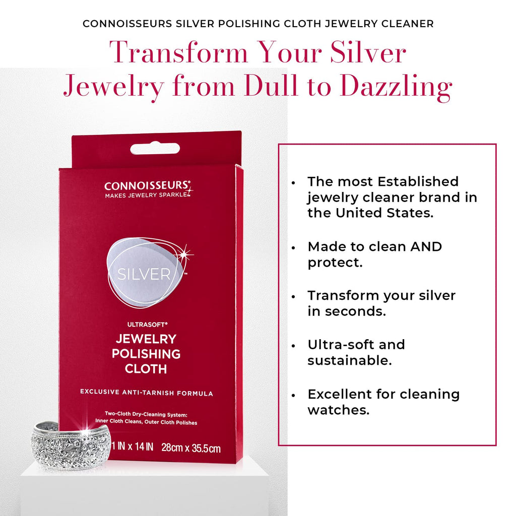 CONNOISSEURS Ultrasoft Gold or Silver Jewelry Polishing Cloth, Clean and Polish Jewelry While Removing Tarnish for a High Shine