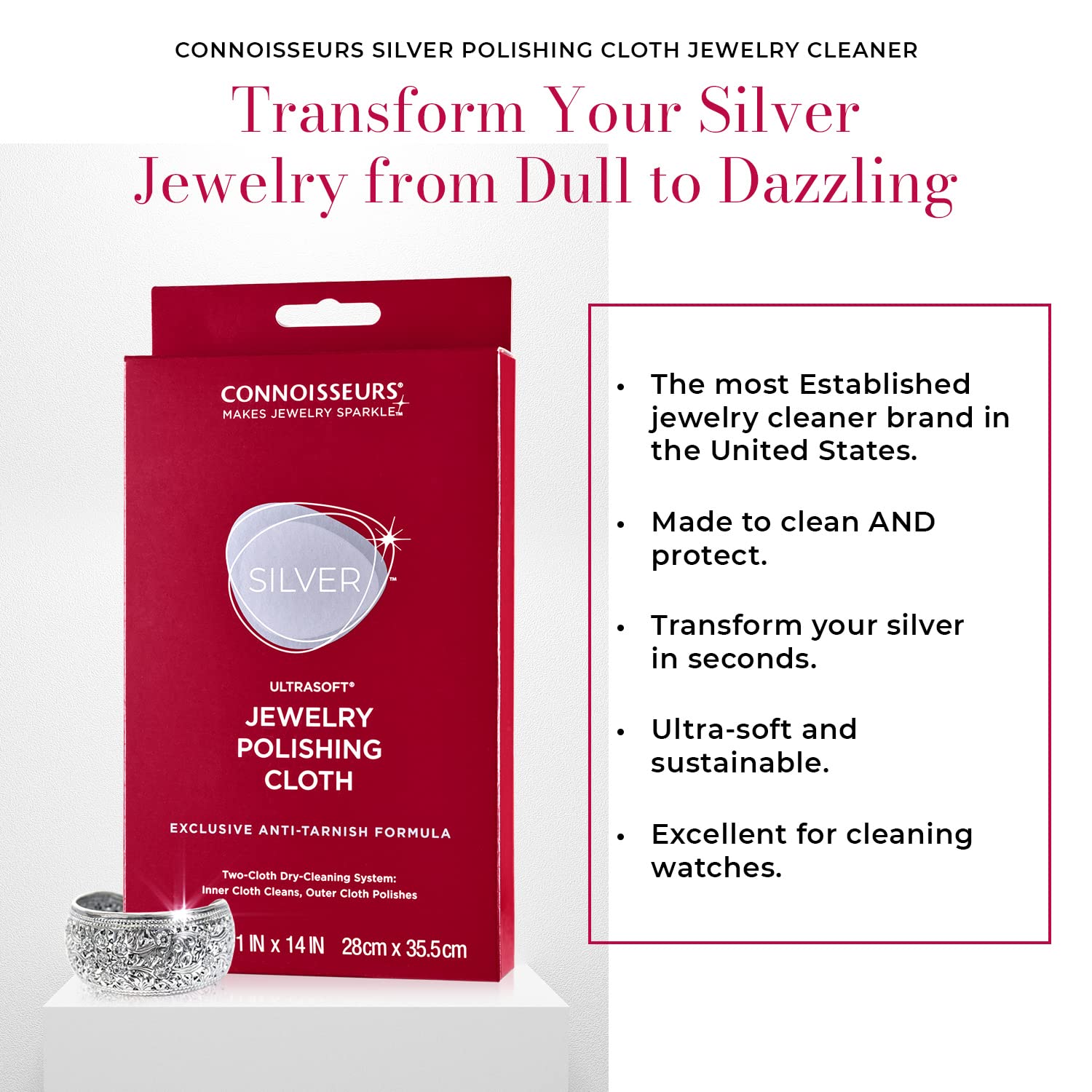 CONNOISSEURS Ultrasoft Gold or Silver Jewelry Polishing Cloth, Clean and Polish Jewelry While Removing Tarnish for a High Shine