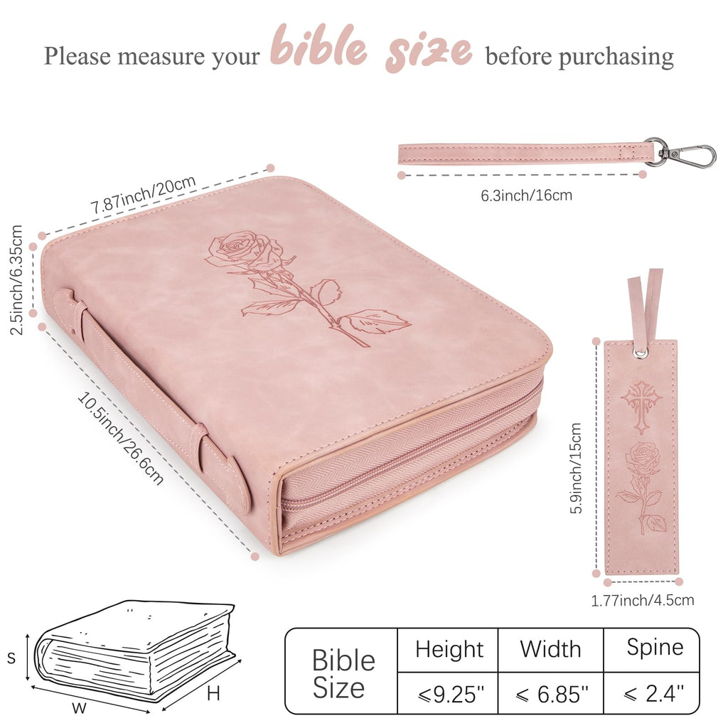 CITYCHASE Bible Cover for Women - Leather Study Case with Bookmark, Supplies Carrying Bag Tote with Strap, Personalized Book Organizer for Journaling - Pink