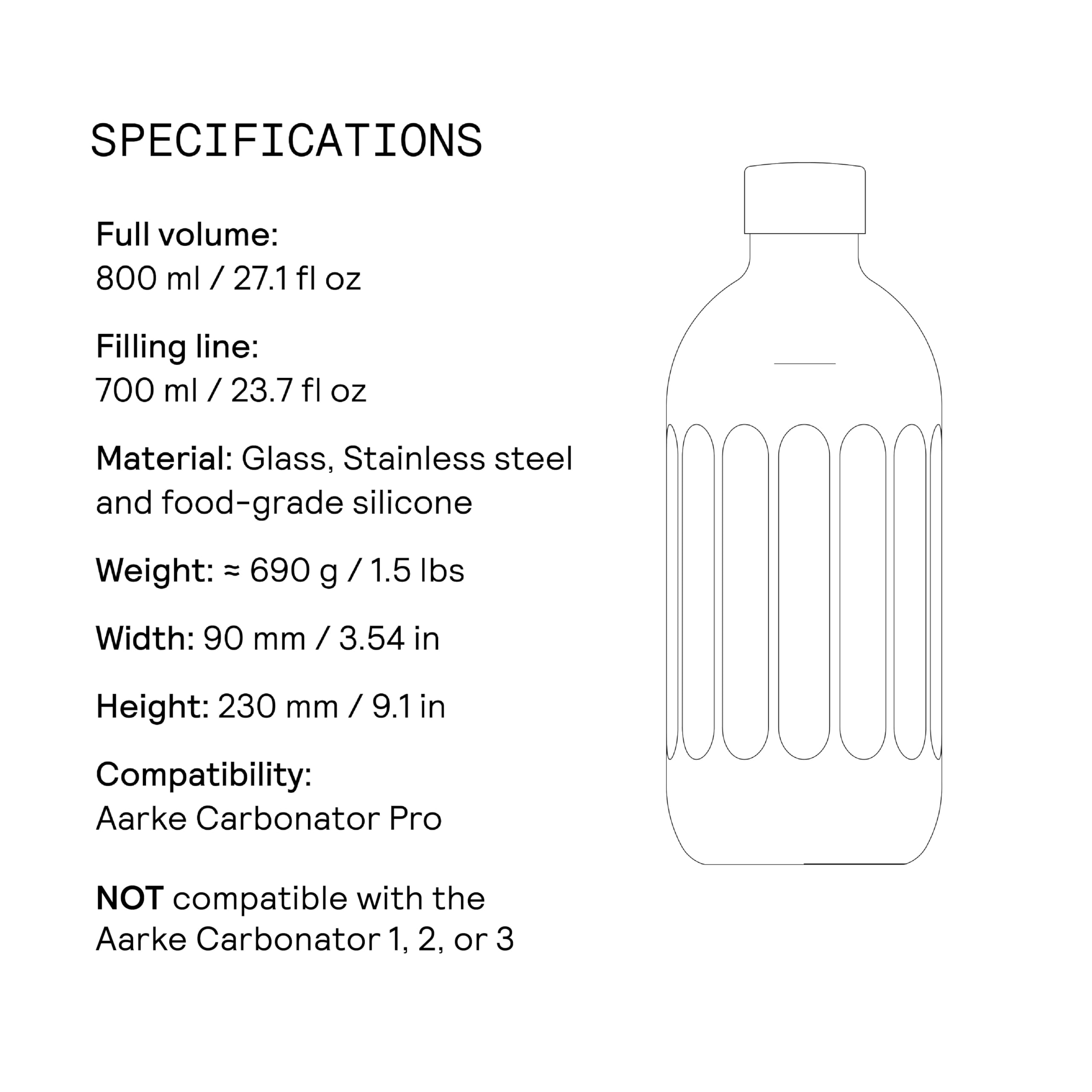 aarke Glass Bottle, Exclusively Compatible with Carbonator Pro Sparkling Water Machine, Stainless Steel Cap, Dishwasher Safe, 800 ml