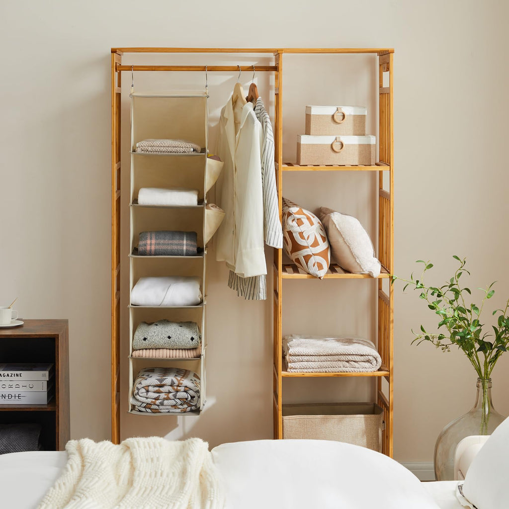 YOUDENOVA Hanging Closet Organizer, 6-Shelf Closet Hanging Storage with Side Pockets, Beige
