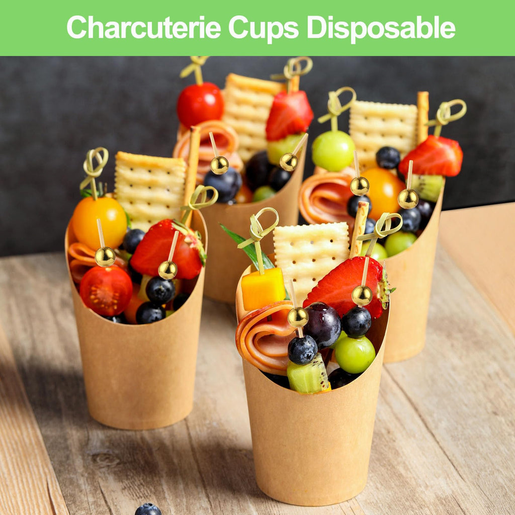 12 Oz Charcuterie Cups with Bamoo Skwers, Paper Snack Appetizer Cups with Cocktail Picks, French Fry Holder Brown Kraft, Disposable Popcorn Cones Party Favor(50 Cups + 200 Skewers)