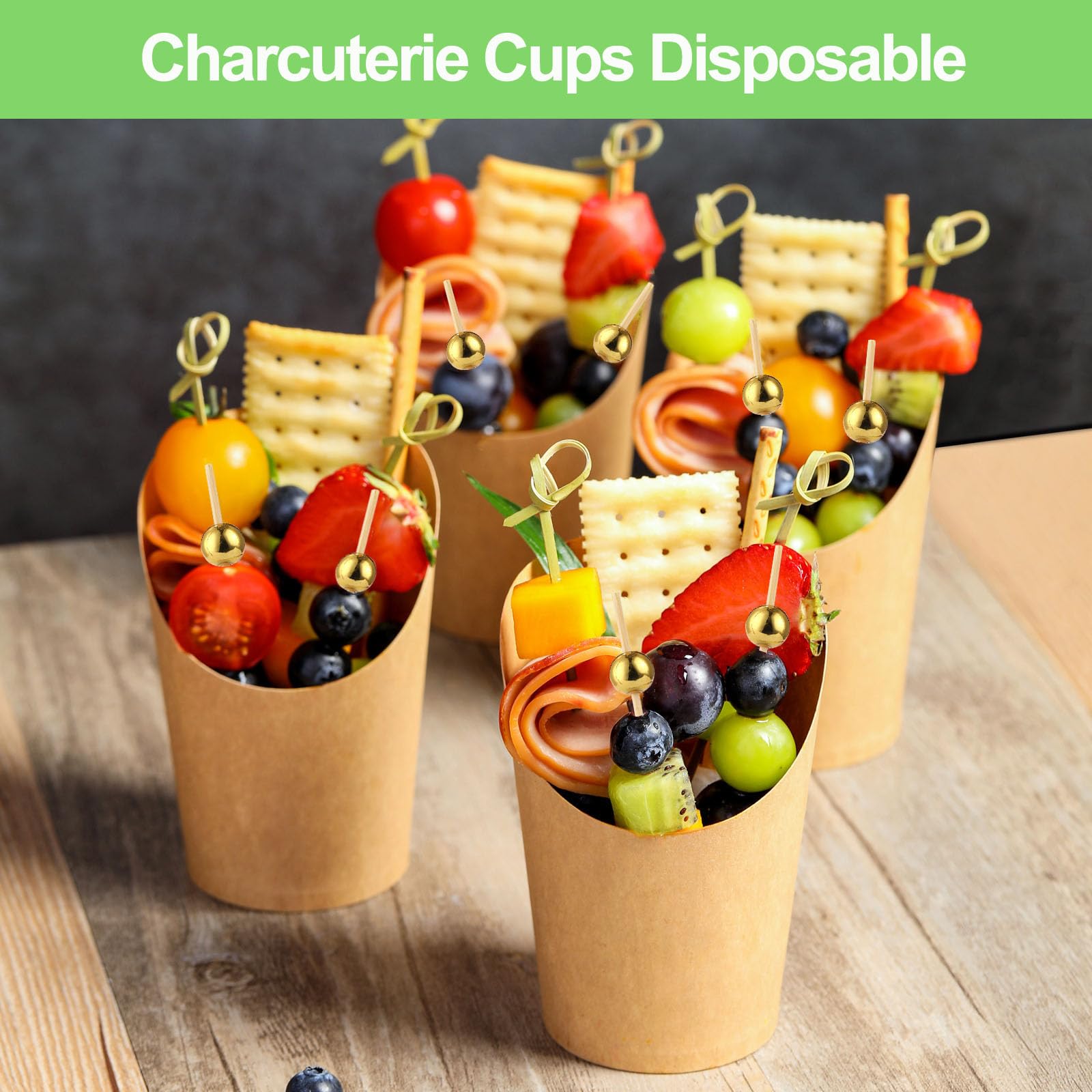 12 Oz Charcuterie Cups with Bamoo Skwers, Paper Snack Appetizer Cups with Cocktail Picks, French Fry Holder Brown Kraft, Disposable Popcorn Cones Party Favor(50 Cups + 200 Skewers)