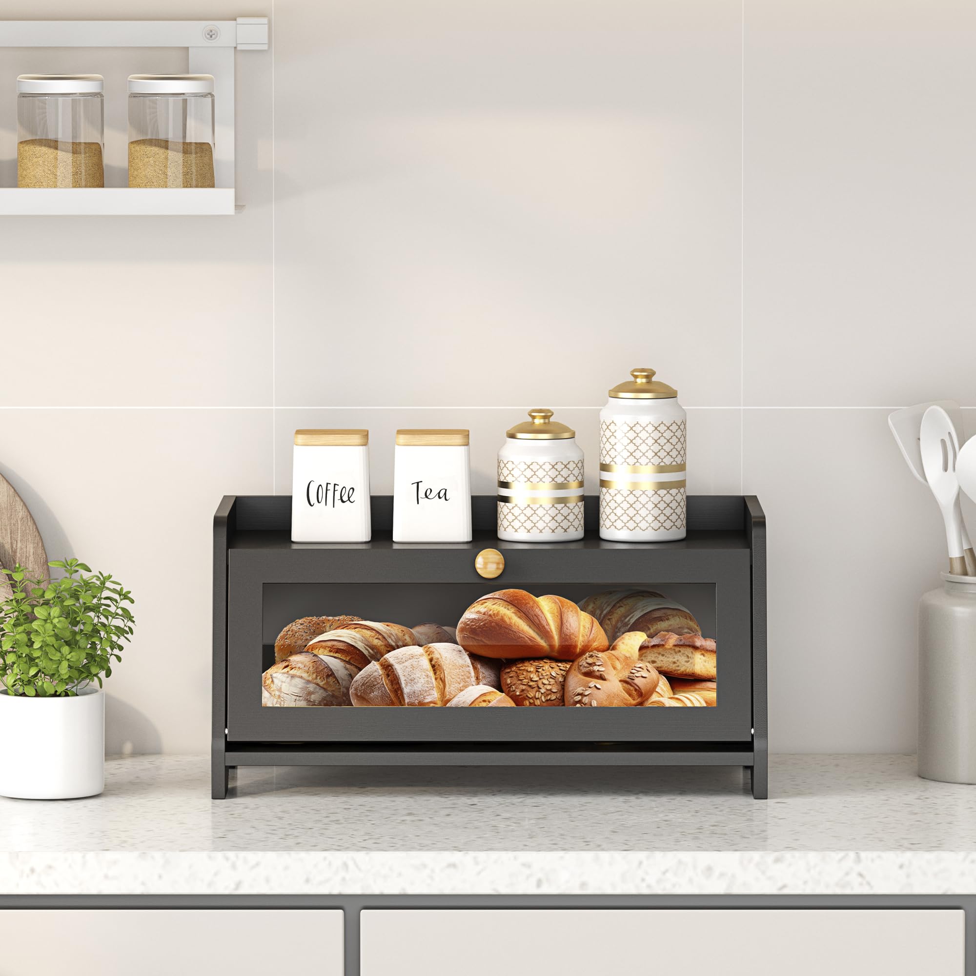 JANSNIMEN Bread Box for Kitchen Countertop, Large Bread Container Storage, Wooden Farmhouse Bread Box with Window Bread Holder (Black)