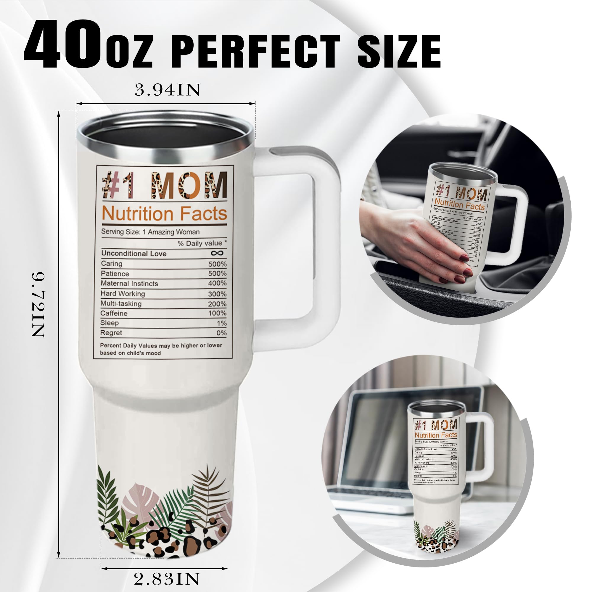Mom Gifts for Best Mom Ever Tumbler, Birthday Gifts for Moms Tumbler with Handle, Mothers Day Gifts for Mama Mug Large, 40oz Moms Nutrition Facts Cup, Leopard Print