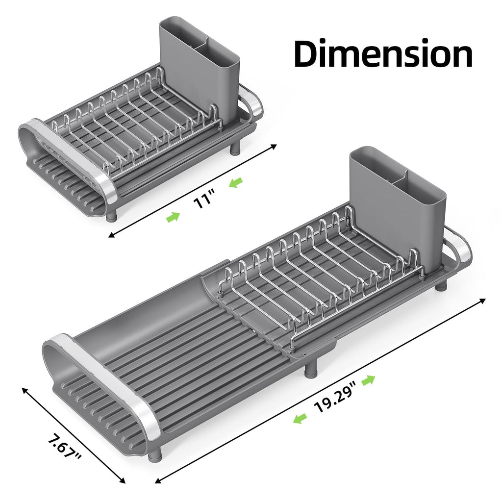 Small Expandable Dish Drying Rack – Compact Stainless Steel Dish Drainer with Removable Cutlery Holder, Anti-Rust Plate Rack for Kitchen Countertop or Sink, Grey