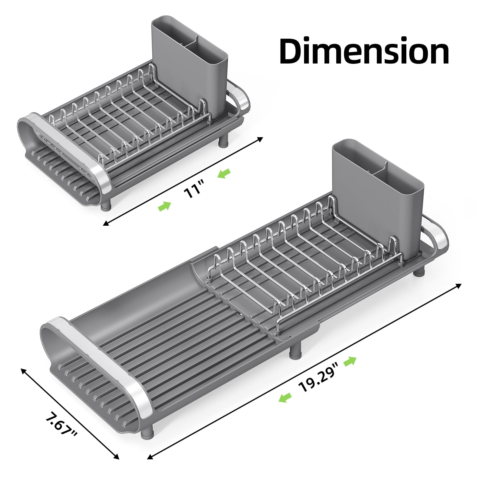 Small Expandable Dish Drying Rack – Compact Stainless Steel Dish Drainer with Removable Cutlery Holder, Anti-Rust Plate Rack for Kitchen Countertop or Sink, Grey