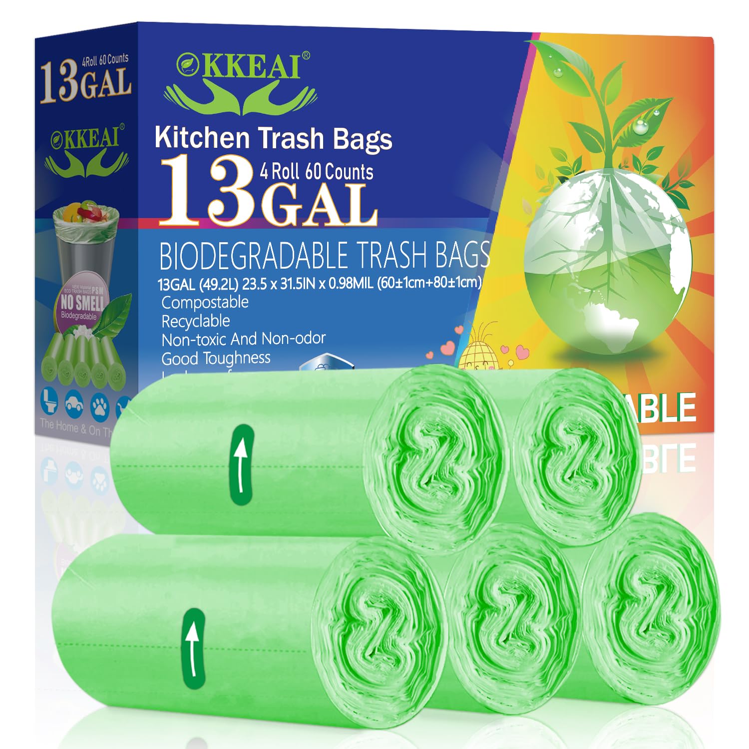 OKKEAI Biodegradable Garbage Bags 13 Gallon Tall Kitchen Trash Bags Compostable Bags Recycling 49 Liter Bin Liners for Lawn Kitchen,Home,Office,Green,60 Counts(Fits 10-15 Gallon Bins)…