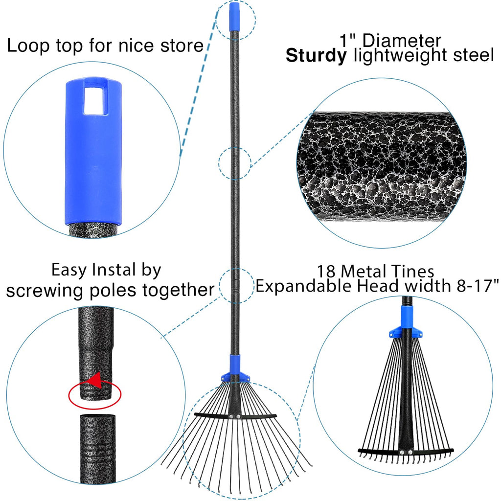 Oliynedy Adjustable Metal Leaf Rake 30-55 inch, Garden Rakes for Lawns Heavy Duty Leaves with Expandable Head 8-17", Yard Women Kids Rake for Gardening RV Camping