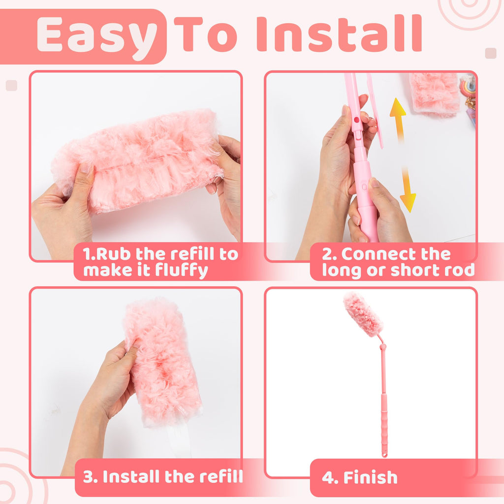 GQIRIL 360° Dusters Refills for Cleaning - 80 Count Disposable Feather Duster Kit with 2 Handles, Multi-Surface Microfiber Feather Dusting Cleaner for Furniture Blinds Windows Ceiling Fans (Pink)